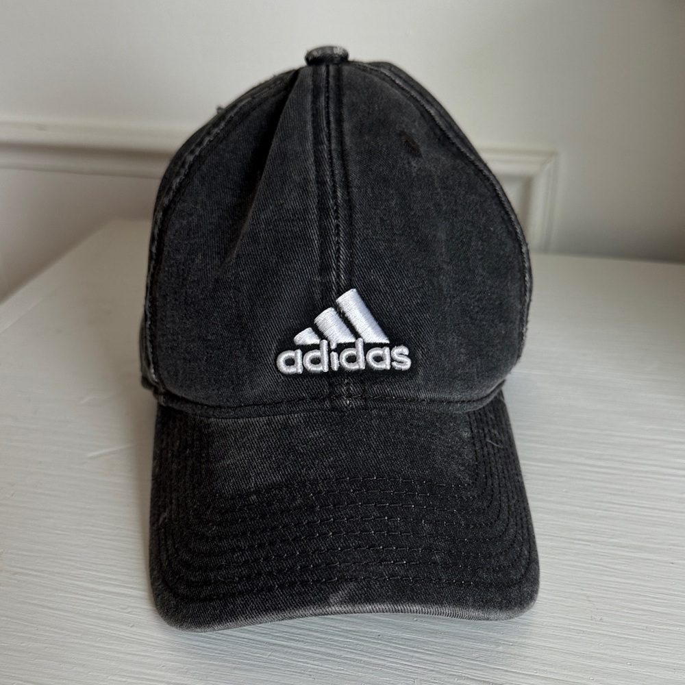 adidas Faded Distressed Denim Black Cap with White Logo.